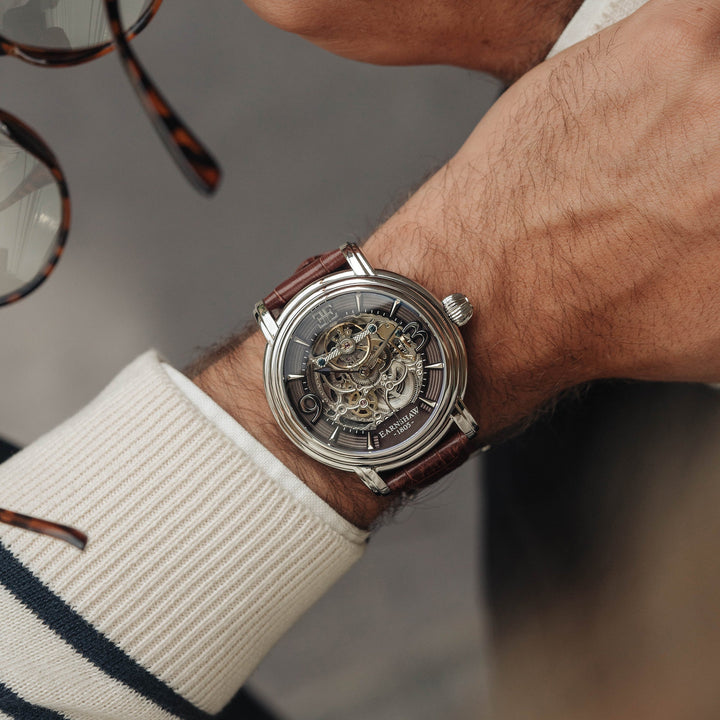 Longcase Automatic Skeleton Watch Grey & Brown / Genuine leather strap | Gray Di
