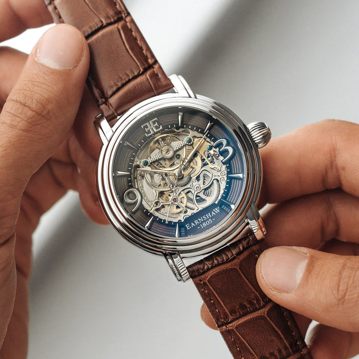 Longcase Automatic Skeleton Watch Grey & Brown / Genuine leather strap | Gray Di