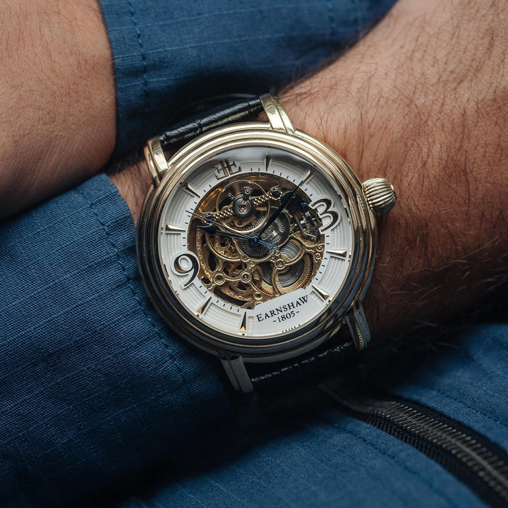 Longcase Automatic Skeleton Watch Silver White & Black / Genuine leather strap |