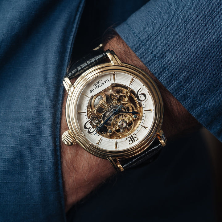 Longcase Automatic Skeleton Watch Silver White & Black / Genuine leather strap |