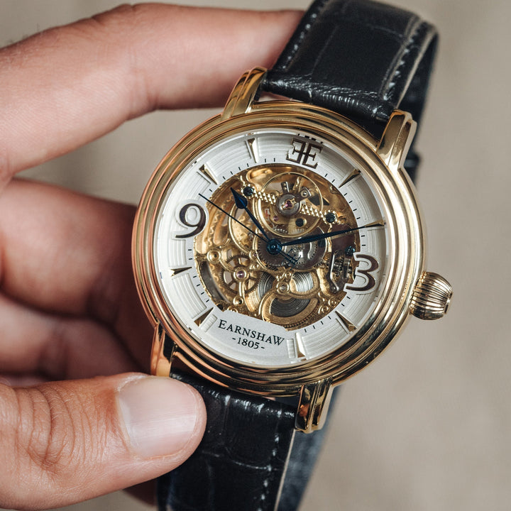 Longcase Automatic Skeleton Watch Silver White & Black / Genuine leather strap |