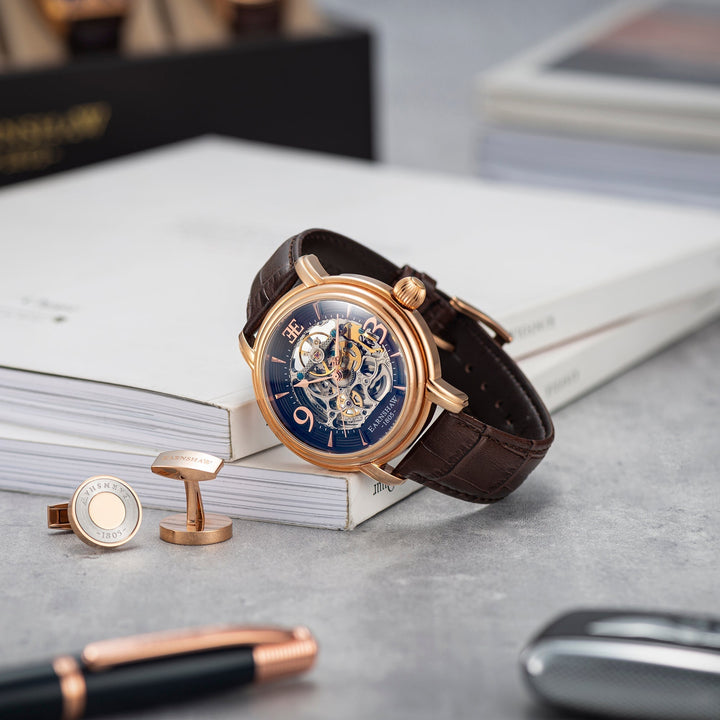 Longcase Automatic Skeleton Watch Brown / Genuine leather strap | Brown Dial