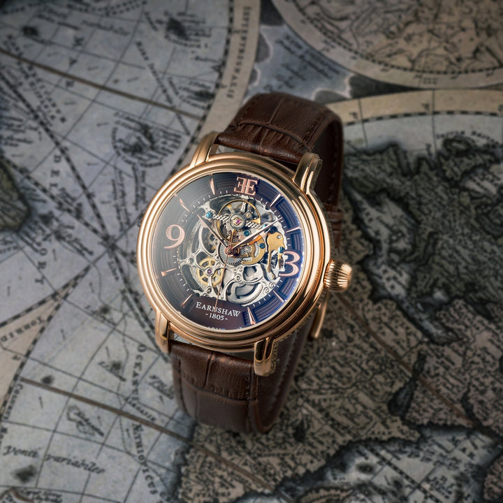 Longcase Automatic Skeleton Watch Brown / Genuine leather strap | Brown Dial