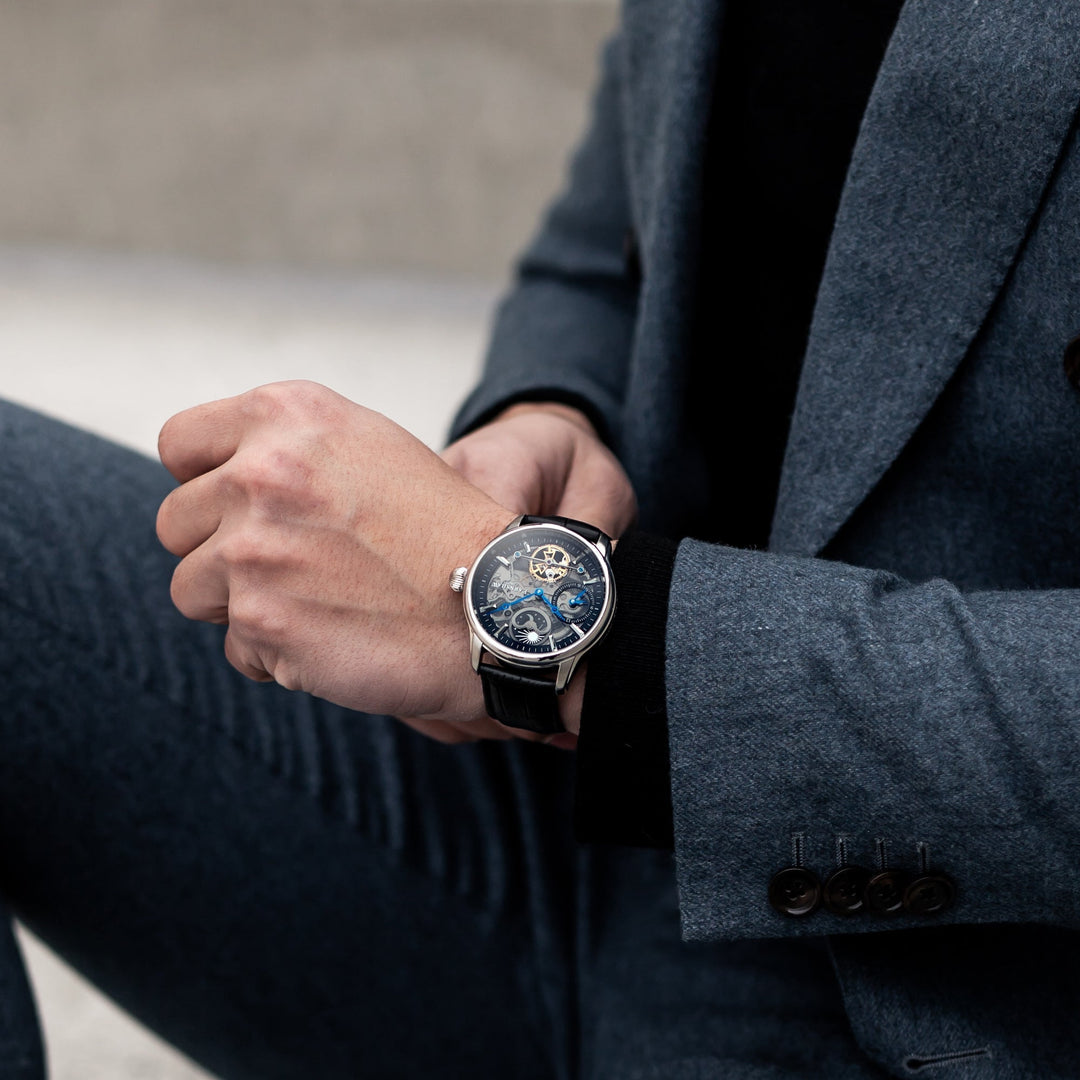 Longitude (Shadow Automatic) Automatic Skeleton Watch Black / Genuine leather st