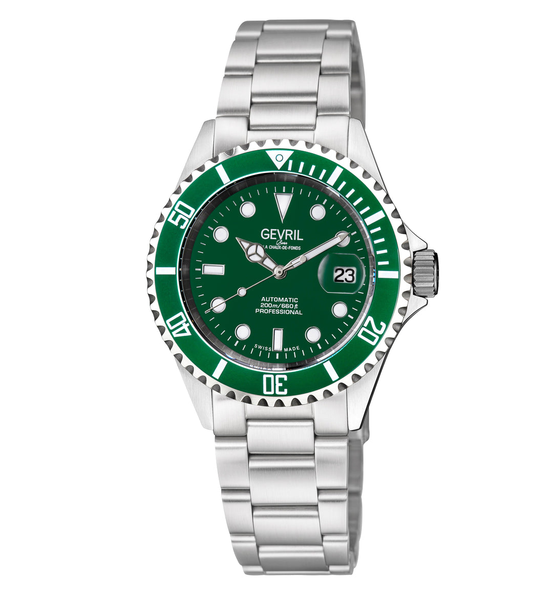 Wall Street Gevril Swiss Made SW200 Steel Rotating bezel Watch, 316L Case, Green