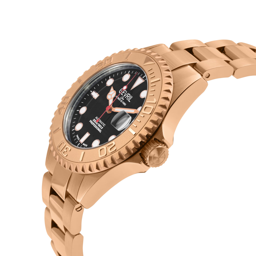 Wall Street Gevril Swiss Made SW200 Steel Rotating Bezel Diver's watch, Rose Gol