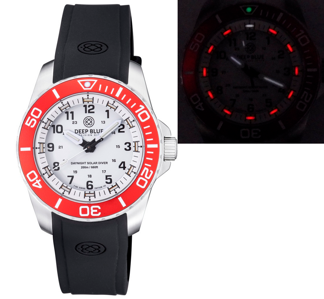 DAYNIGHT 43MM DIVER SOLAR  STAINLESS STEEL TRITIUM DAYNIGHT  RED/WHITE BEZEL –WH