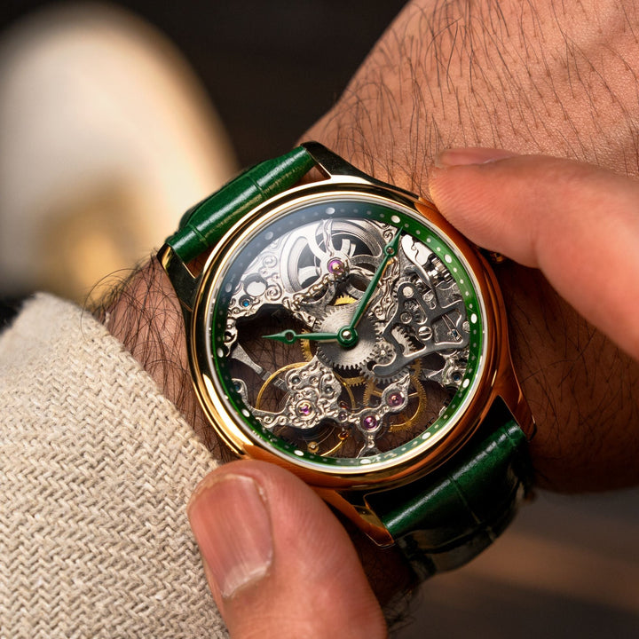 Bauer Mechanical Skeleton Silver / Genuine Leather Silver Dial
