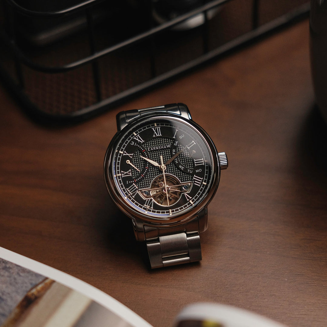 Heritage Longcase Double Retrograde Calendar Open Heart Automatic Black / Stainl