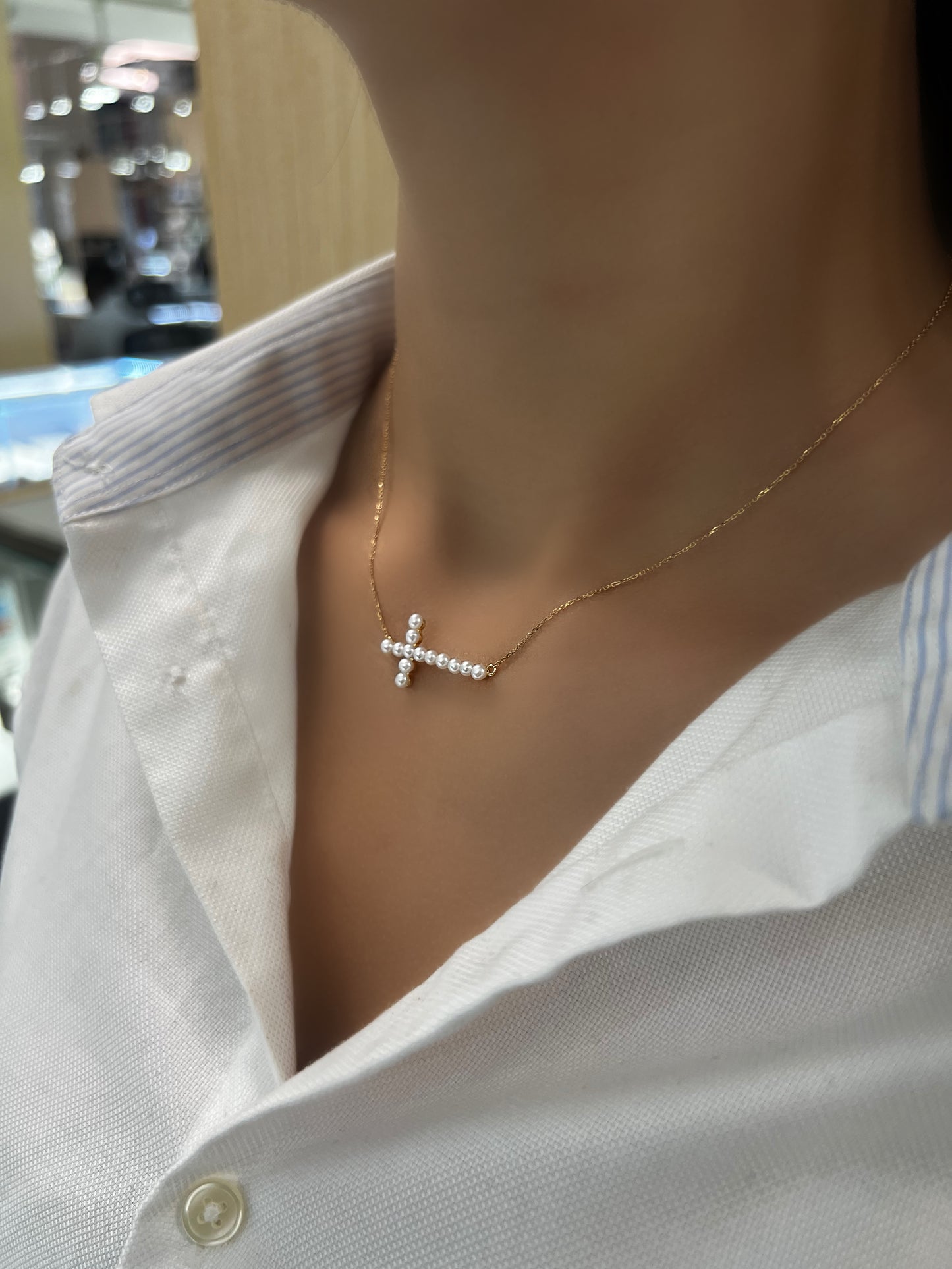 Pearl Horizontal Cross Necklace