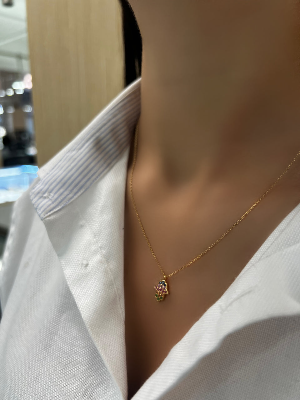 Hamsa Multi-Color Rainbow Sapphire 18k Yellow Gold Necklace