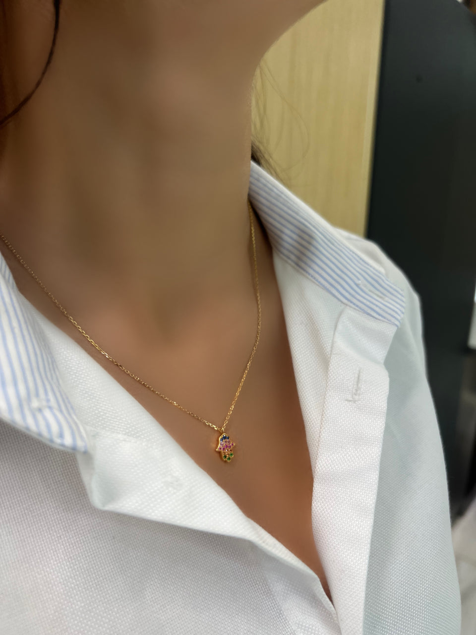 Hamsa Multi-Color Rainbow Sapphire 18k Yellow Gold Necklace