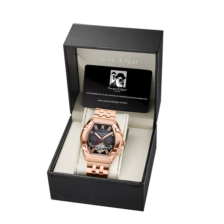Knight Exhibition Automatic Black Open Exhibition Dial Rose Gold Stainless Steel