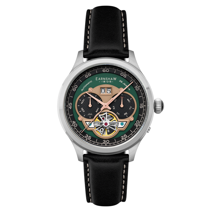 Baron Grand Date Calendar Open Heart Automatic Green / Black Leather | Green Dia