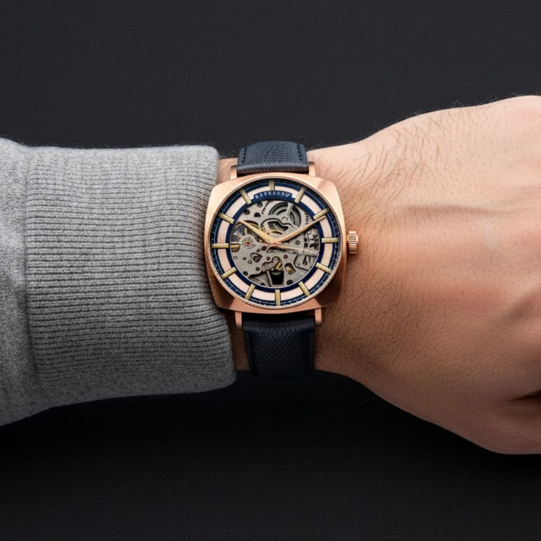 City Of London Moorgate Skeleton Automatic Rose Gold / Genuine Leather Strap | R