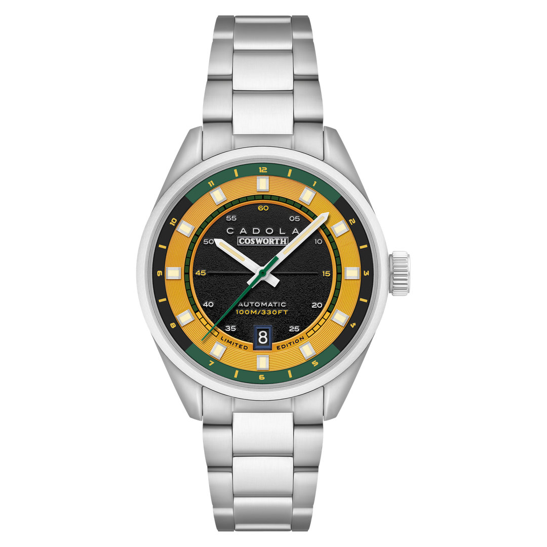 DFV-COSWORTH HELMET WATCH WINDER AUTOMATIC LIMITED EDITION YELLOW / STAINLESS ST