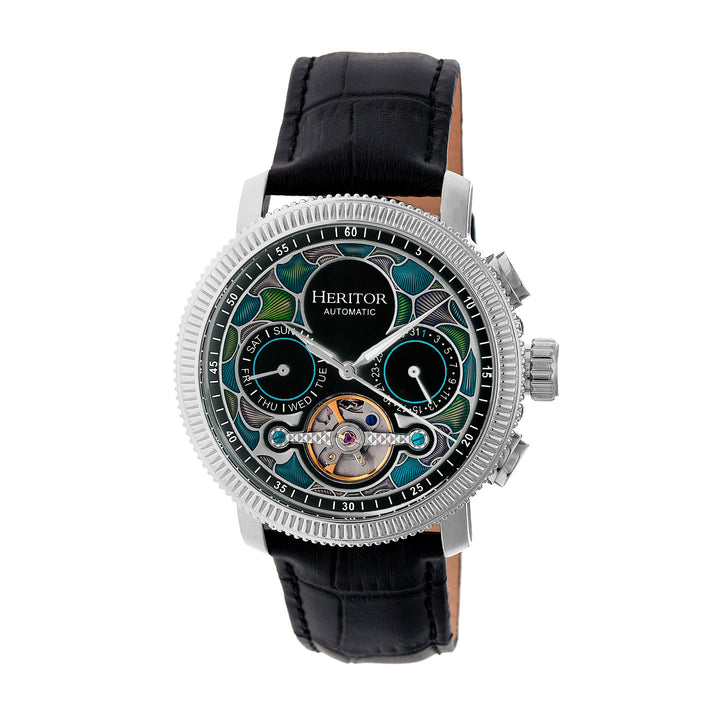 Aura Semi-Skeleton Genuine Leather-Band Watch Silver/Black Multi-colored Dial