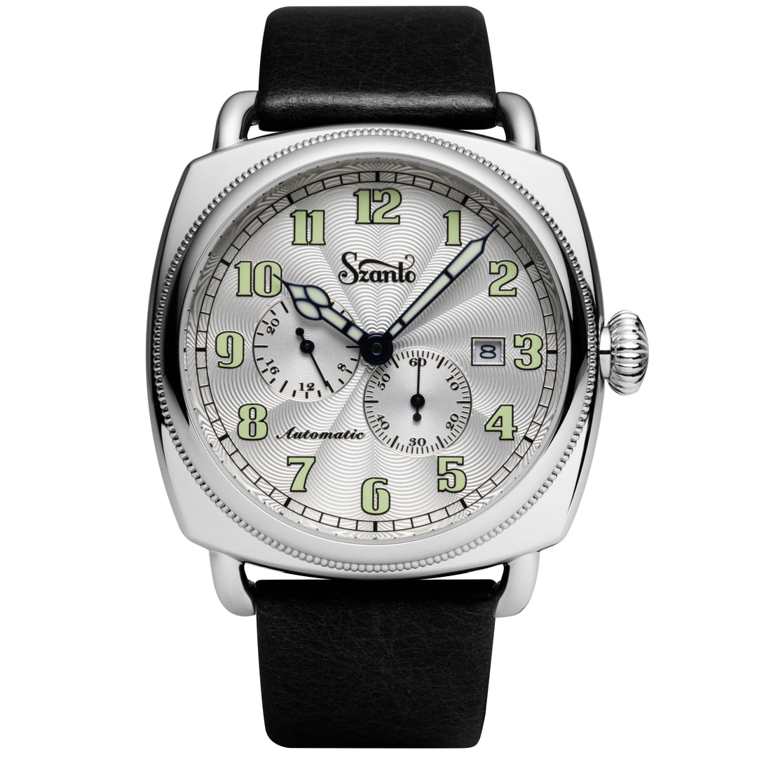Officer's Coin Automatic Steel Case/Silver Guilloche Dial/Black Leather Strap | 