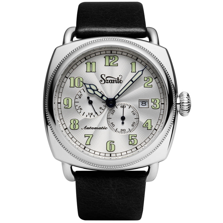 Officer's Coin Automatic Steel Case/Silver Guilloche Dial/Black Leather Strap | 