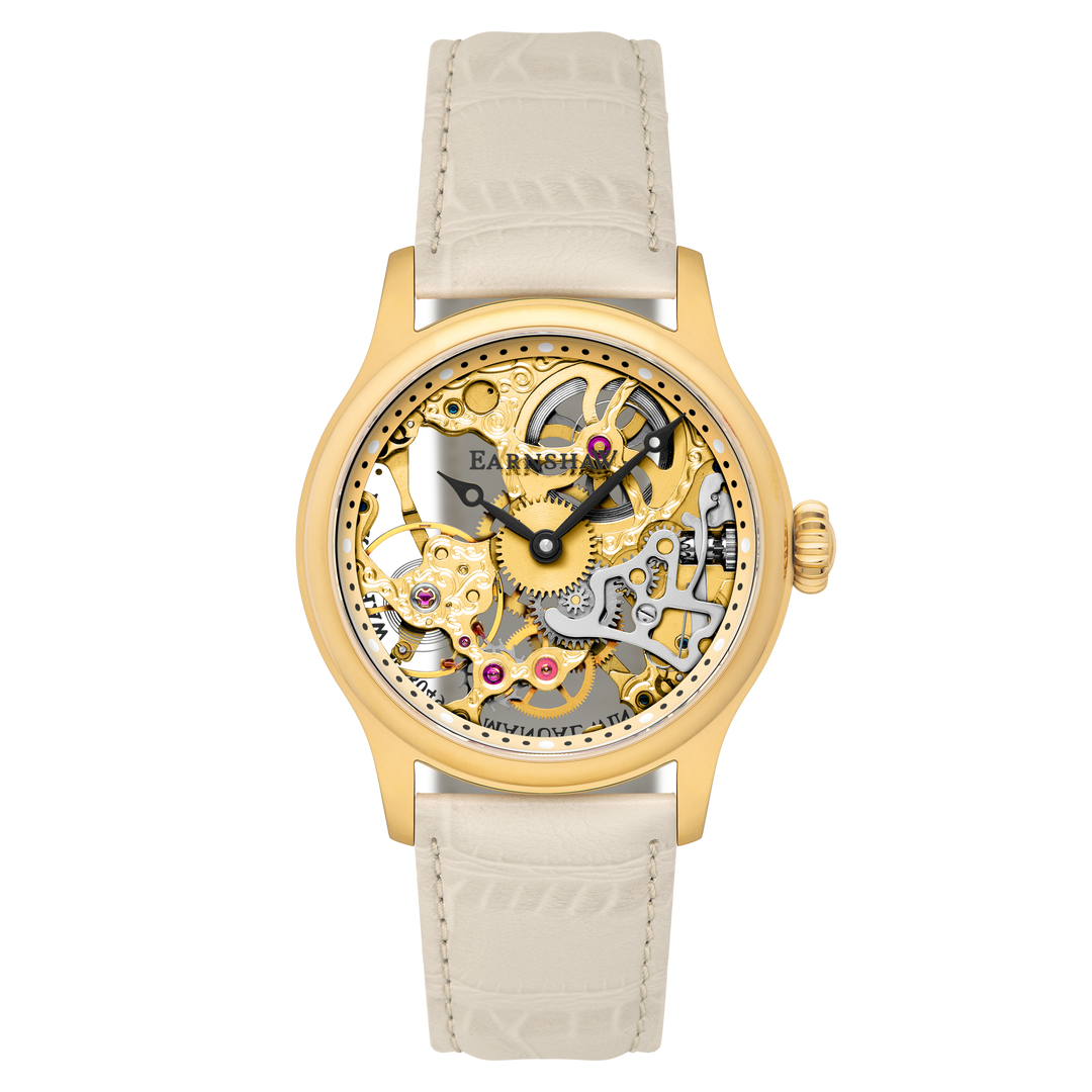 Bauer Mechanical Skeleton Gold / Genuine Leather Gold Dial