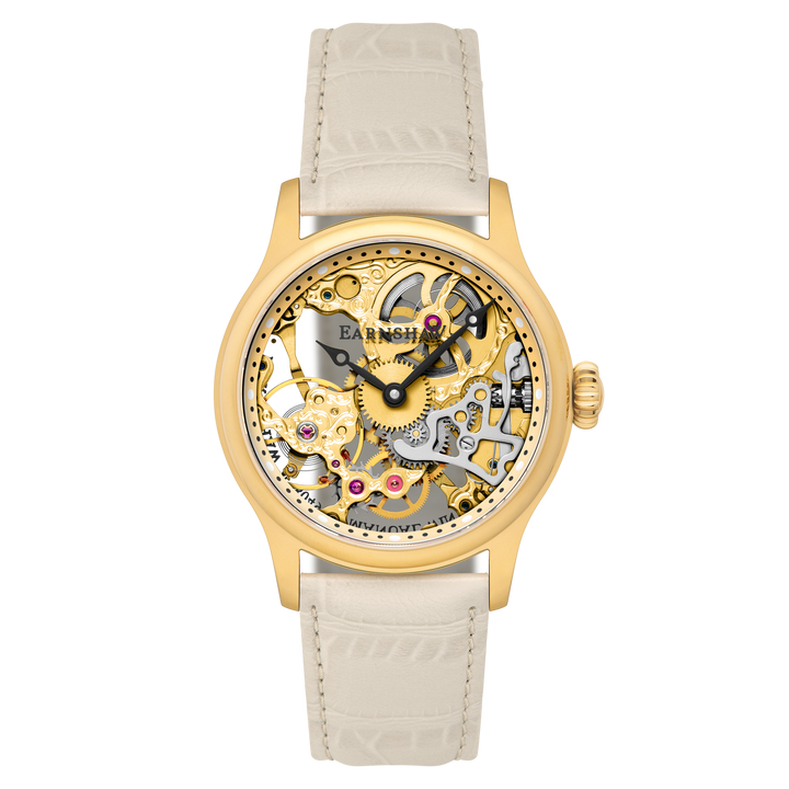 Bauer Mechanical Skeleton Gold / Genuine Leather Gold Dial