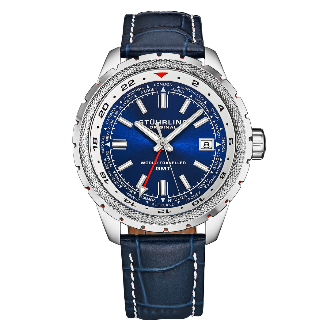 Global Voyager GMT 42mm World Timer Watch Blue/Leather | Blue Dial