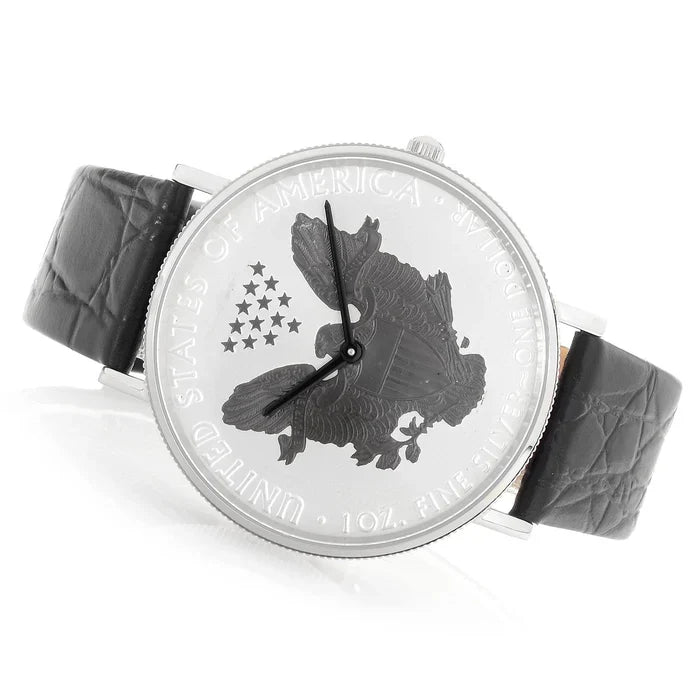 Men's Silvertone & Black 2017 Silver Dollar Coin Watch with Leather Strap  |  Di
