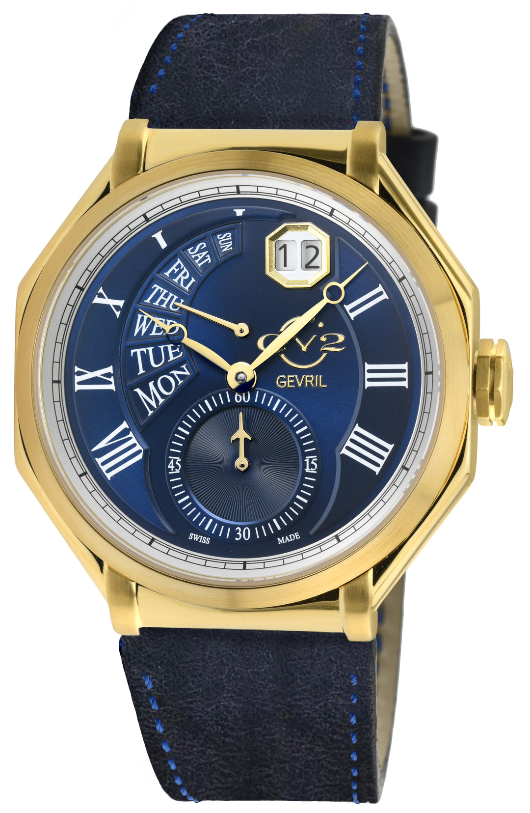 Marchese Swiss Made multifunction IP Gold/Blue,Black with Blue stitching band | 
