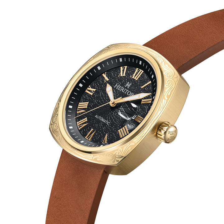 Davenport Engraved-Case Leather-Band Watch w/ Date Gold/Brown | Black Dial