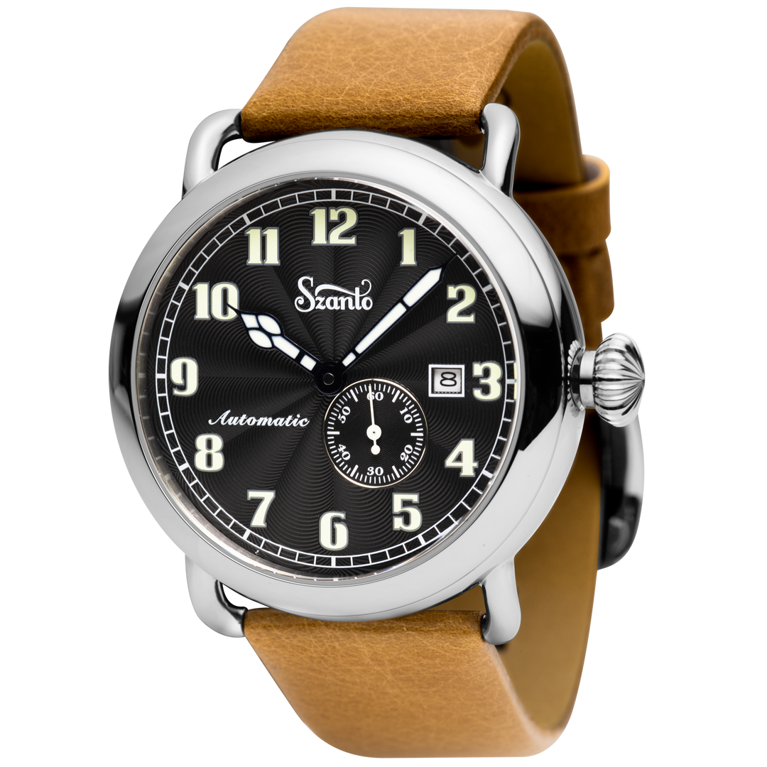 Officer's Classic Round Automatic Steel Case/Black Guilloche Dial/Tan Leather St