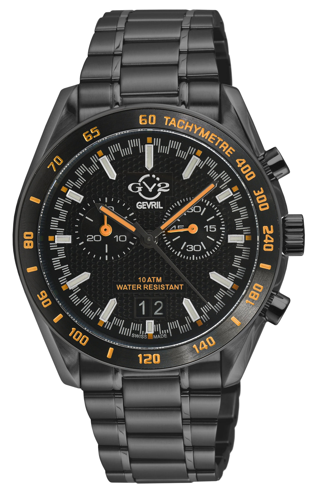 Freccia-Chronograph GV2 Swiss Quartz, SS/IPBLK Case, Black Bezel, Black Dial, IP