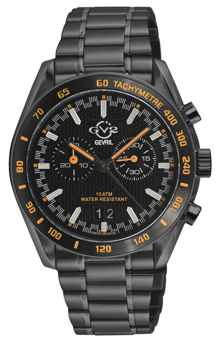 Freccia-Chronograph GV2 Swiss Quartz, SS/IPBLK Case, Black Bezel, Black Dial, IP