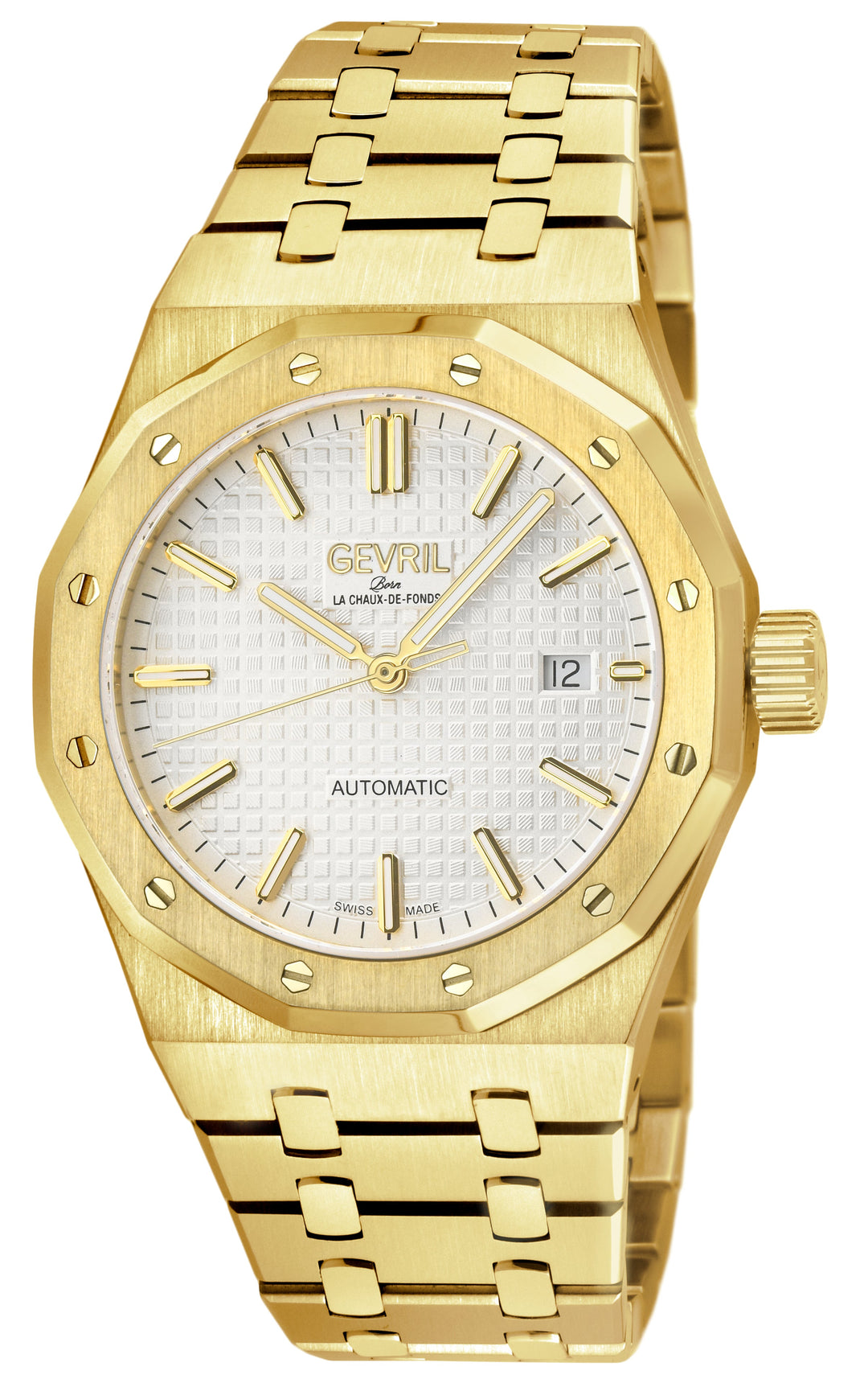 Gotham Swiss Automatic Movement, Silver/White Embossed Dial, IPYG Bracelet | Whi