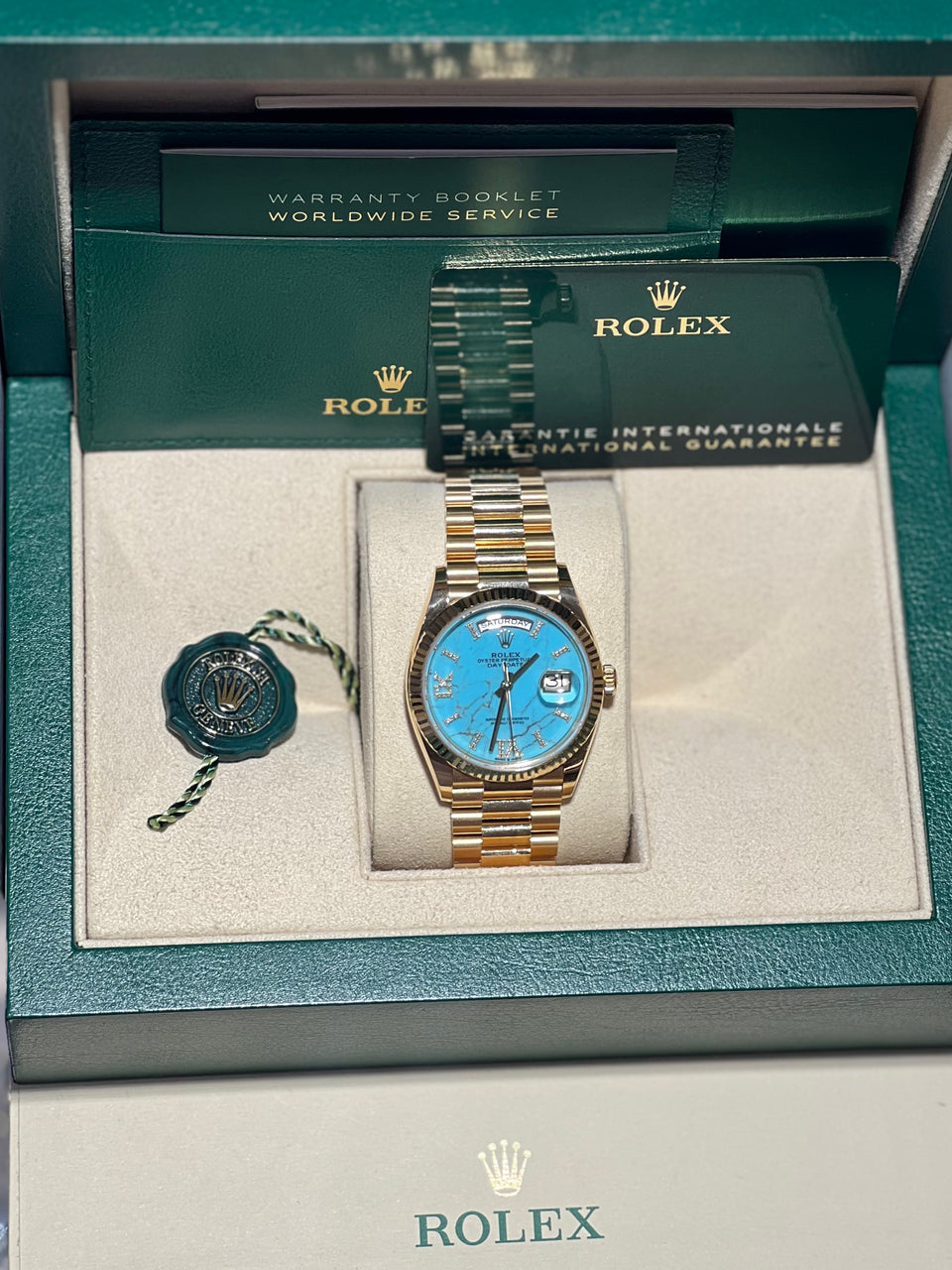 Rolex Yellow Gold Day - Date 36 Watch - 18K Yellow Gold Fluted Bezel - Turquoise Diamond Roman Dial - Presidential Bracelet