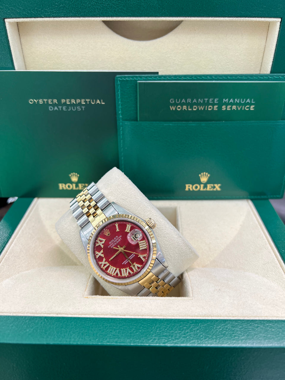 Rolex 36mm Steel and Yellow Gold Rolesor Datejust - Diamond Bezel - Red Iced Out Roman Dial - Jubilee Bracelet