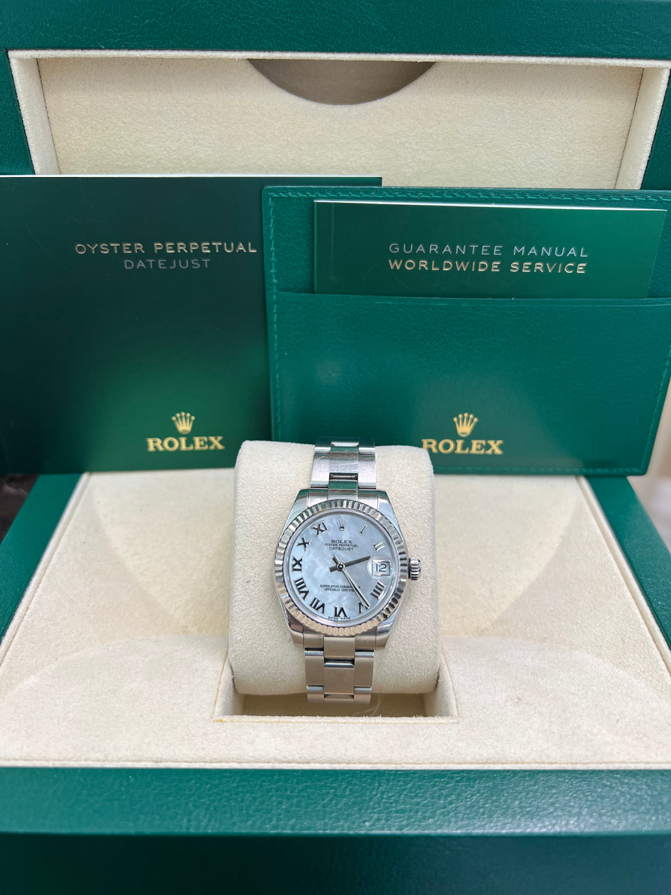 Rolex 31mm Steel and White Gold Datejust - Domed Bezel - White Mother of Pearl Roman Dial - Oyster Bracelet