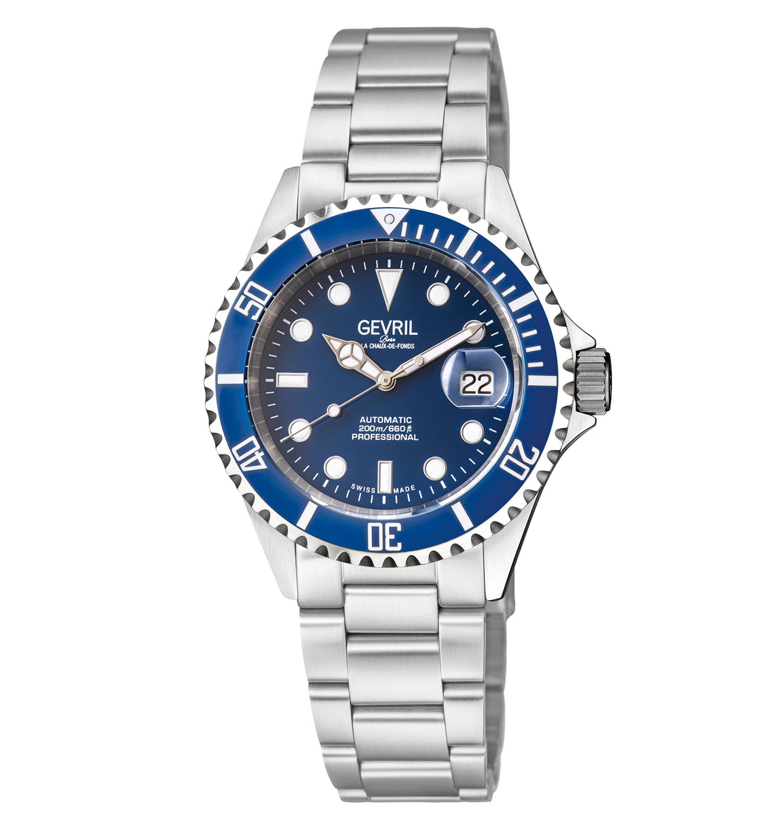 Wall Street Gevril Swiss Made SW200 Steel Rotating bezel Watch, 316L Case, Blue 
