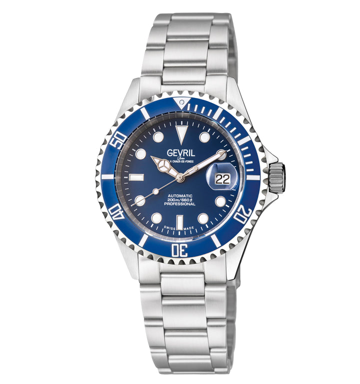 Wall Street Gevril Swiss Made SW200 Steel Rotating bezel Watch, 316L Case, Blue 