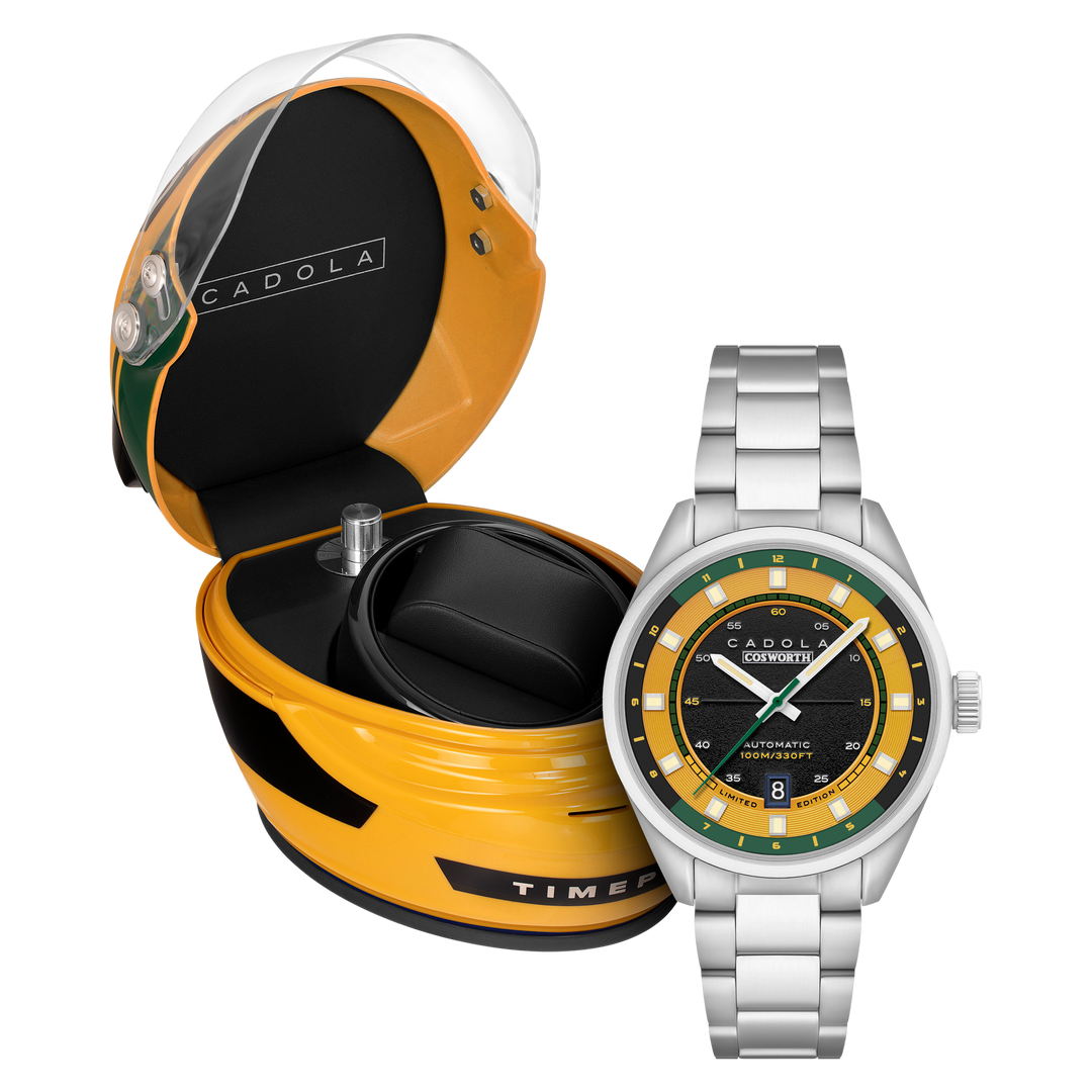 DFV-COSWORTH HELMET WATCH WINDER AUTOMATIC LIMITED EDITION YELLOW / STAINLESS ST