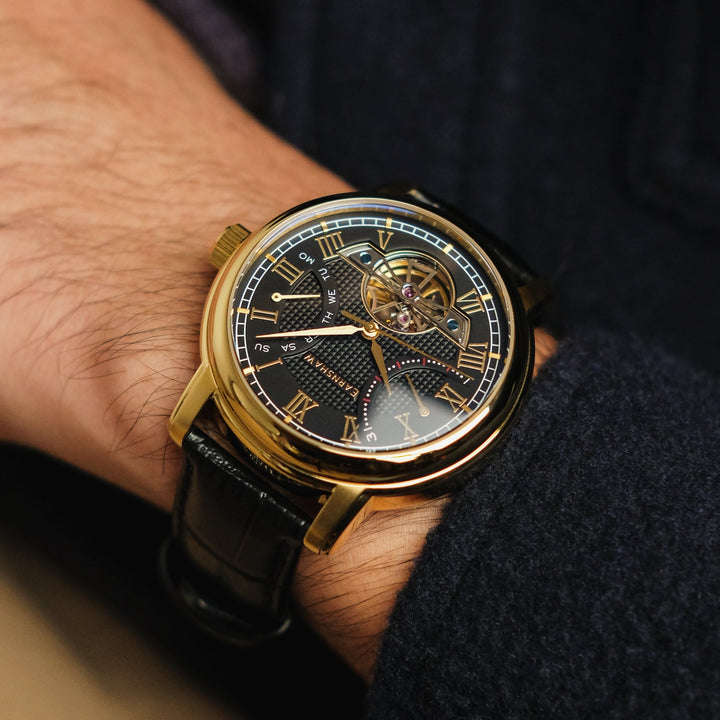 Heritage Longcase Double Retrograde Calendar Open Heart Automatic Black / Genuin