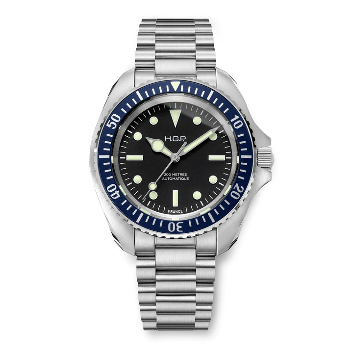 Diver 200M Automatic No-Date Black Dial Blue Bezel  / 3-Link Stainless Steel Bra