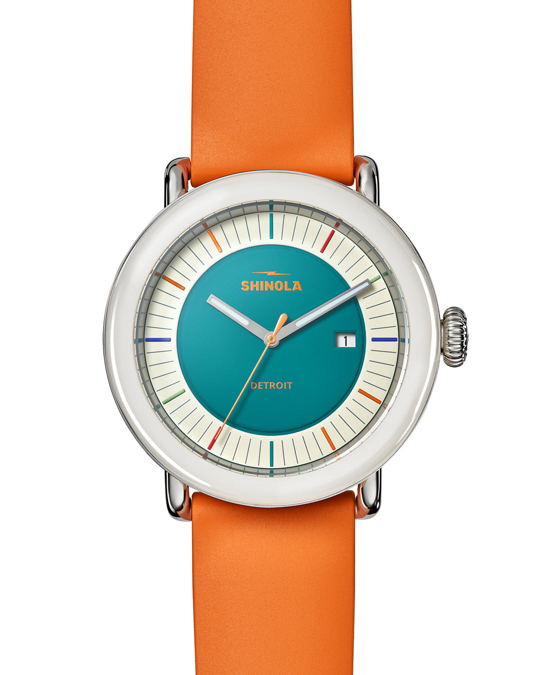 Detrola 3HD 41mm, Orange Rubber Strap AquGrn Aqua Green Dial