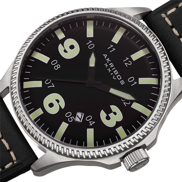 AK833GN-Casual Black/Leather | Black Dial