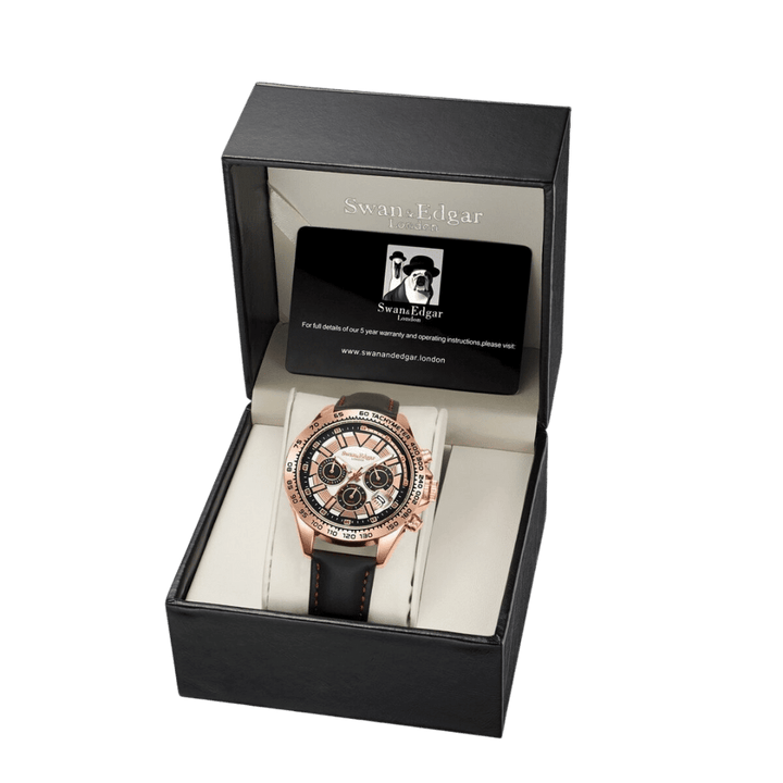 Speed Tracker Mechanical Quartz White Dial Black Leather Strap Rose Case Chronog