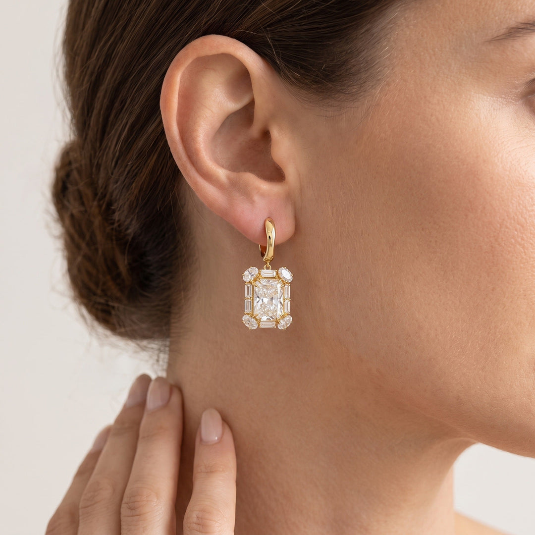 Radiant Baguette Halo Drop Earrings