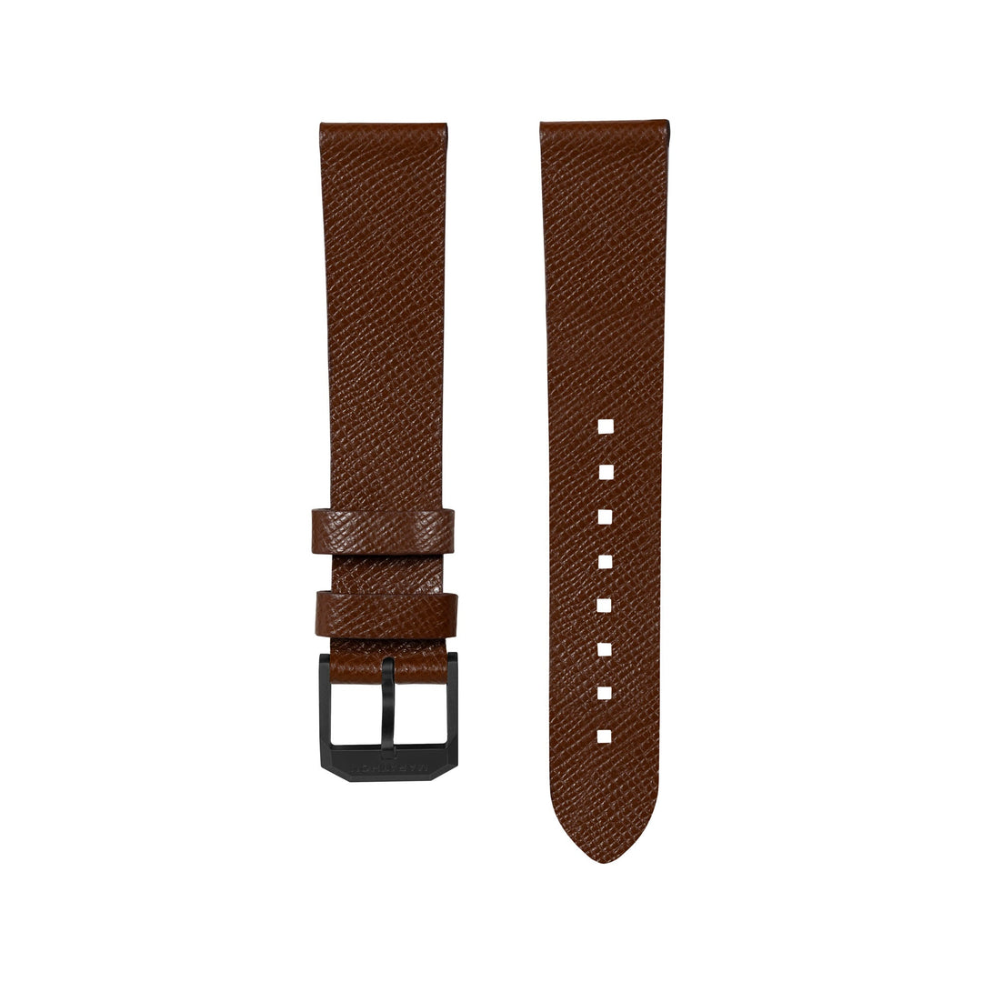 STRAP, 20mm, ITALIAN LEATHER, CROSS HATCH, IP BLACK BUCKLE, COGNAC, XL ITALIAN L