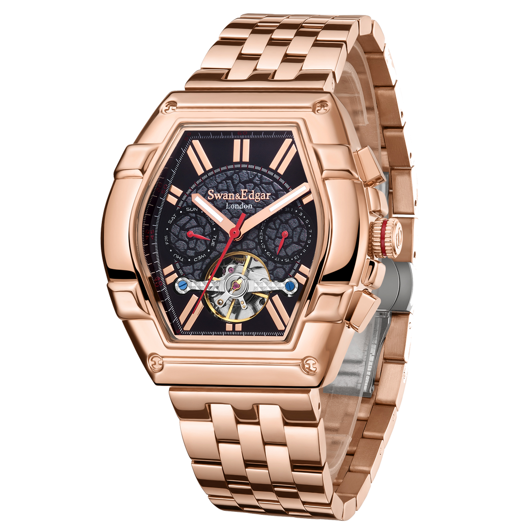 Knight Exhibition Automatic Black Open Exhibition Dial Rose Gold Stainless Steel
