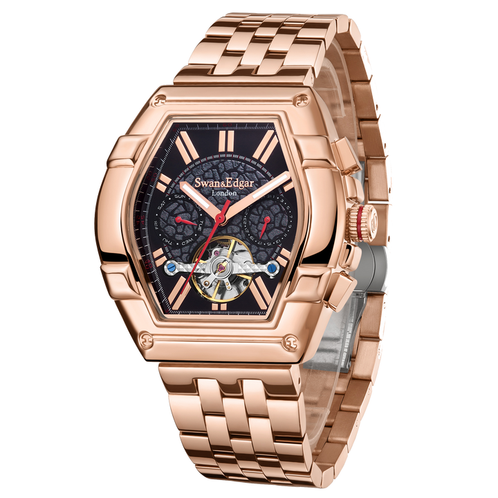 Knight Exhibition Automatic Black Open Exhibition Dial Rose Gold Stainless Steel