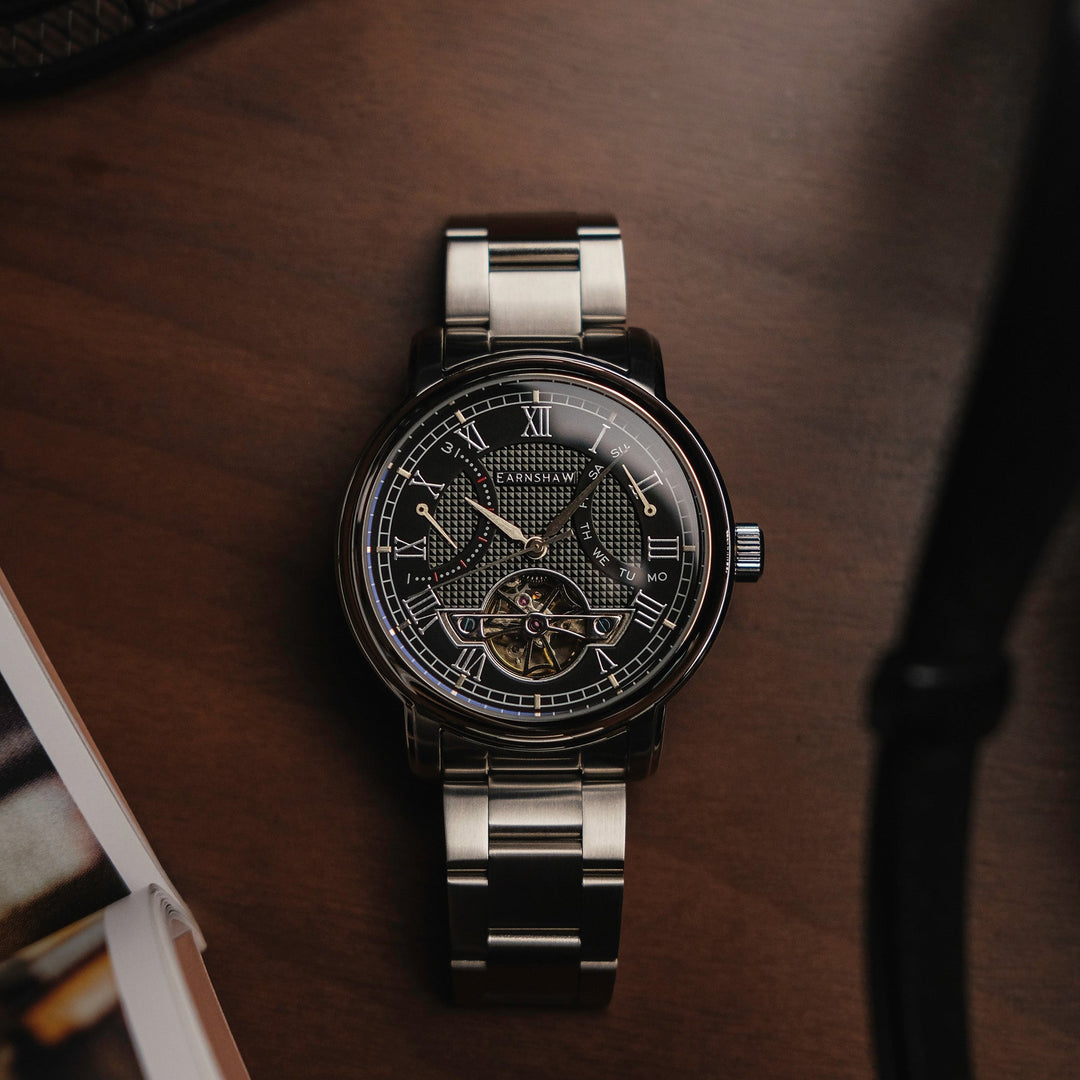 Heritage Longcase Double Retrograde Calendar Open Heart Automatic Black / Stainl