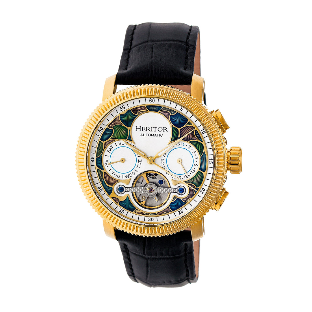 Aura Semi-Skeleton Genuine Leather-Band Watch Gold/White | Multi-colored Dial